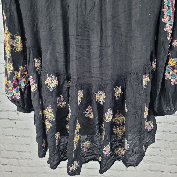 Free People Black Embroidered Long Balloon Sleeve Boho Tunic Top Blouse XS - Picture 11 of 13